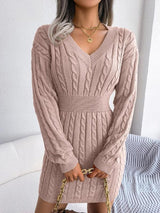 Bianca | Long-Sleeved V-Neck Cable-Knit Dress