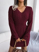 Bianca | Long-Sleeved V-Neck Cable-Knit Dress
